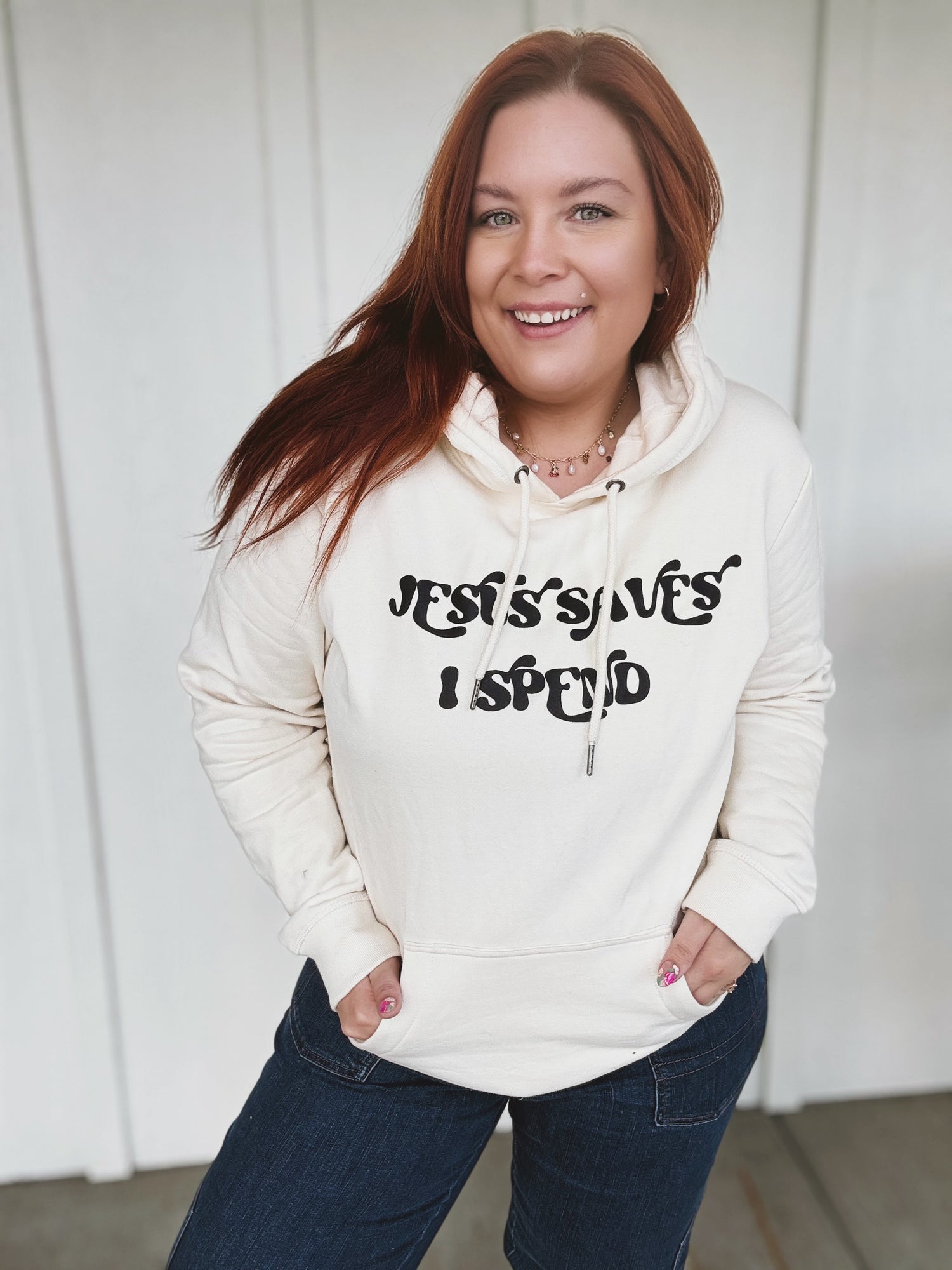 Jesus Saves I Spend Hoodie in Cream