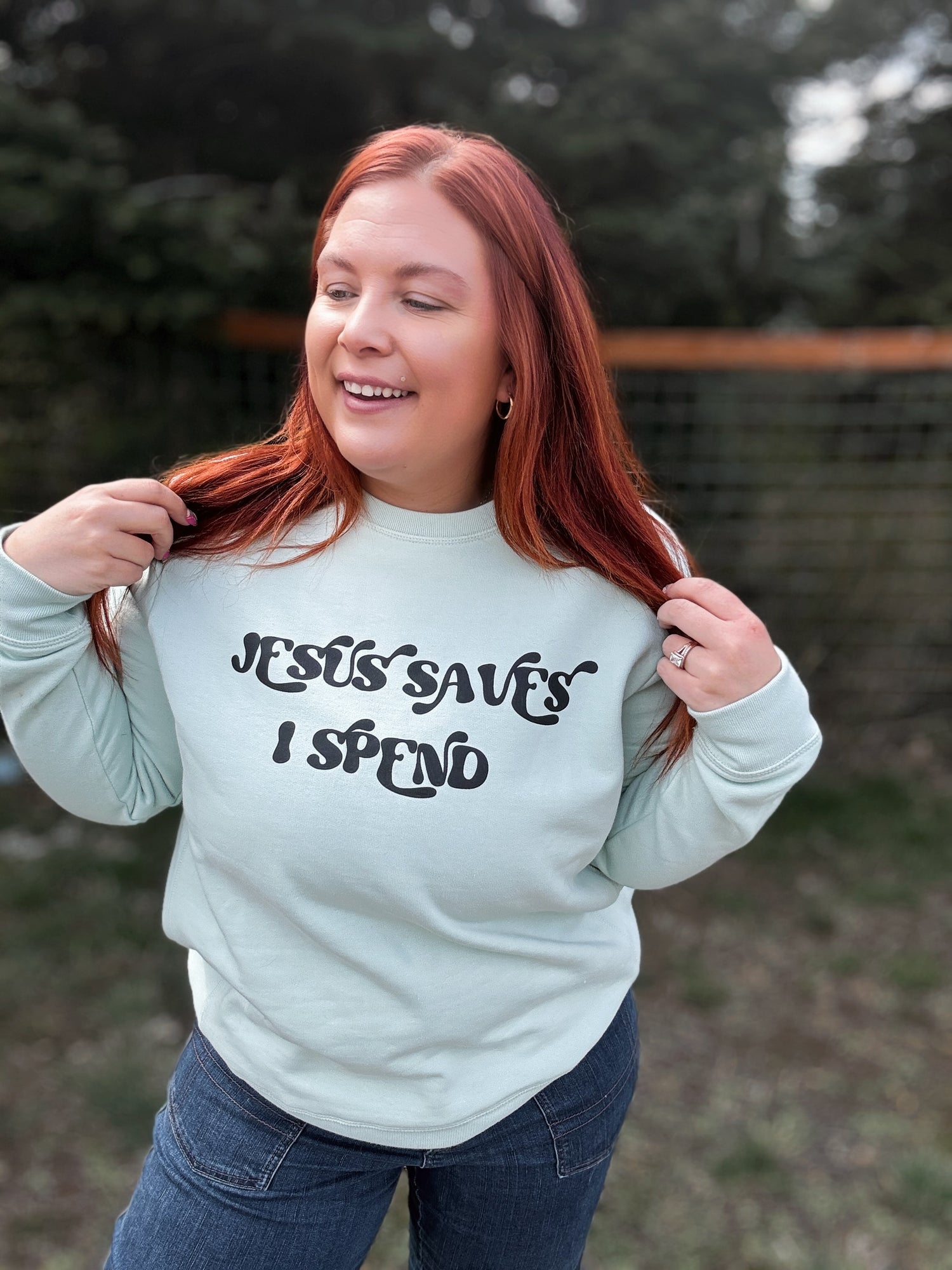 Jesus Saves I Spend Crewneck in Mint