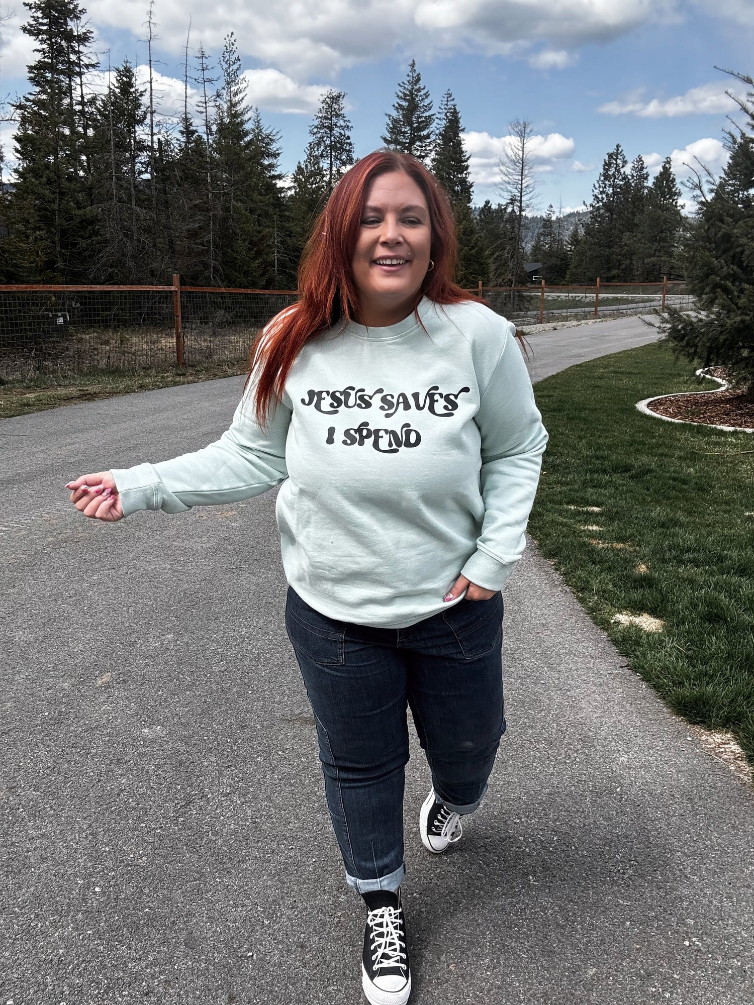 Jesus Saves I Spend Crewneck in Mint
