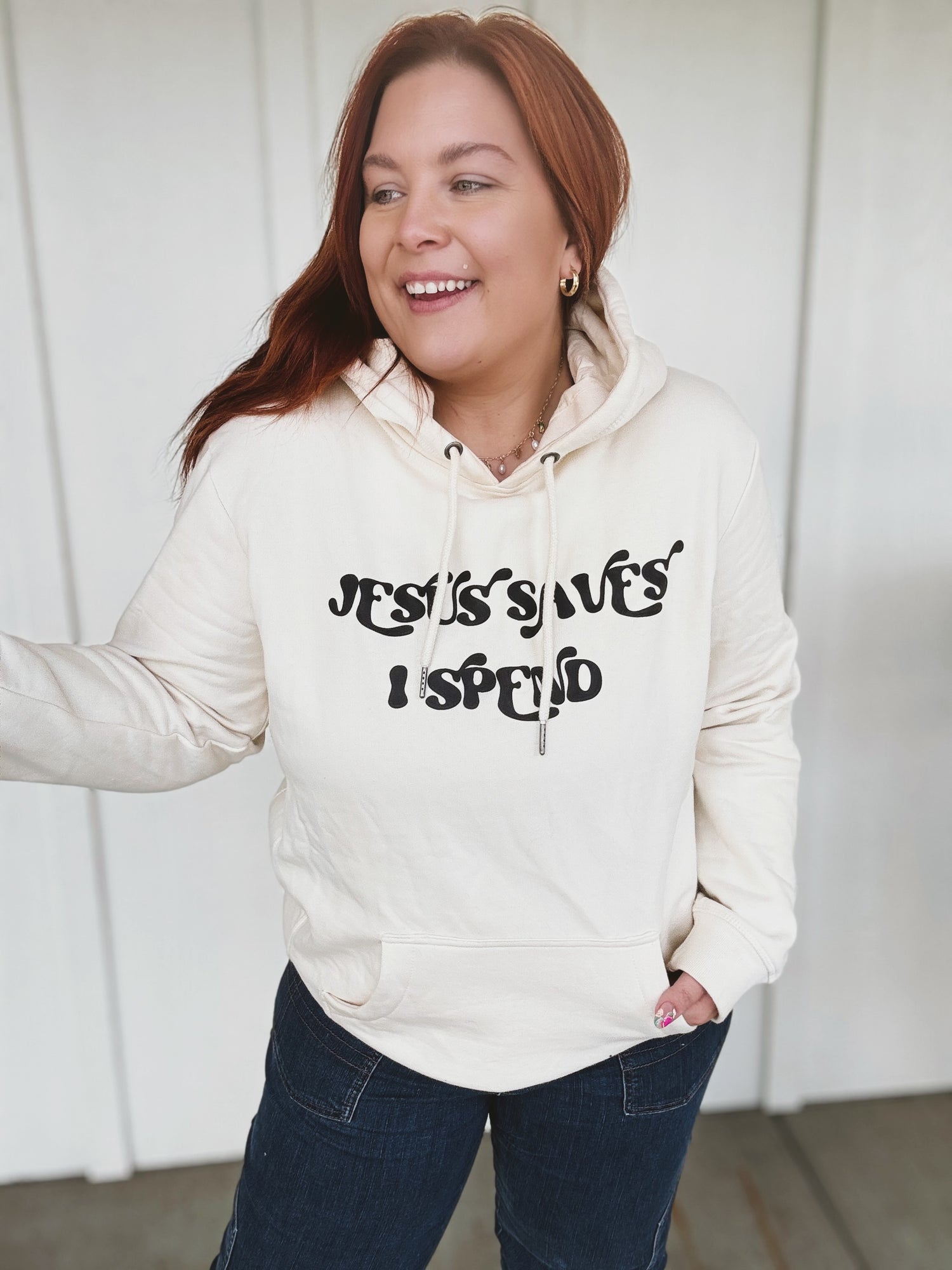 Jesus Saves I Spend Hoodie in Cream