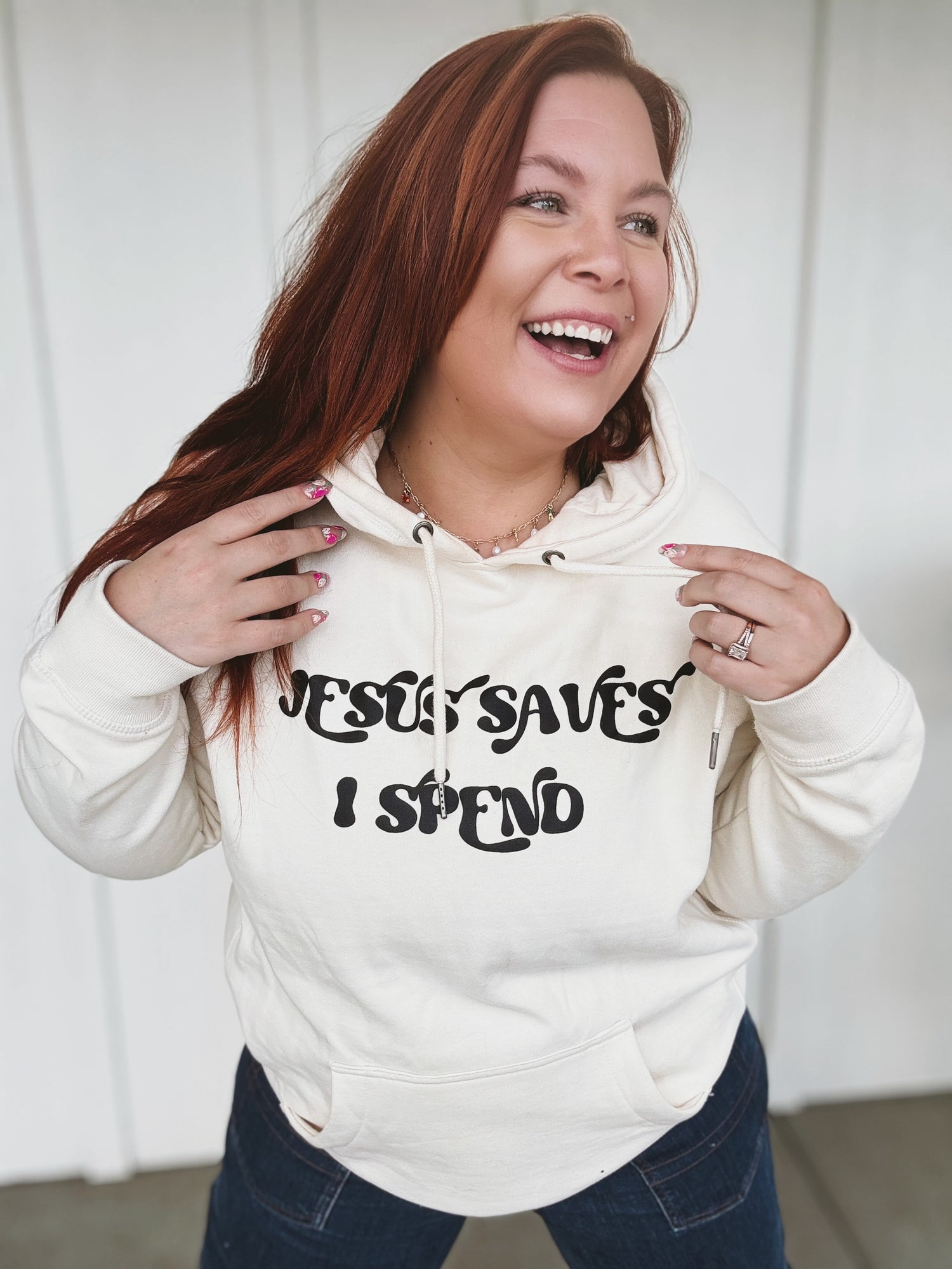 Jesus Saves I Spend Hoodie in Cream