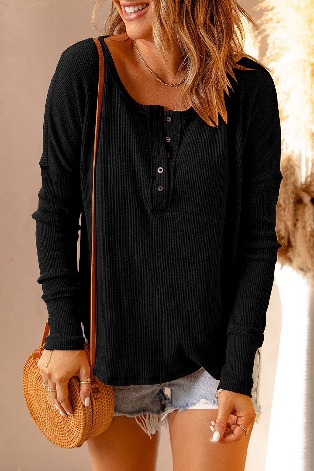 Double Take Half Button Long Sleeve Top